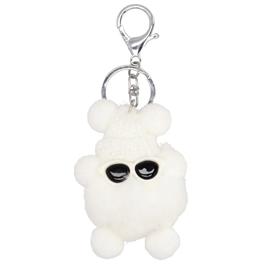 Pompon-Taschenanhänger Männchen in Weiß mit Schlüsselring - leder-accessoires.com
