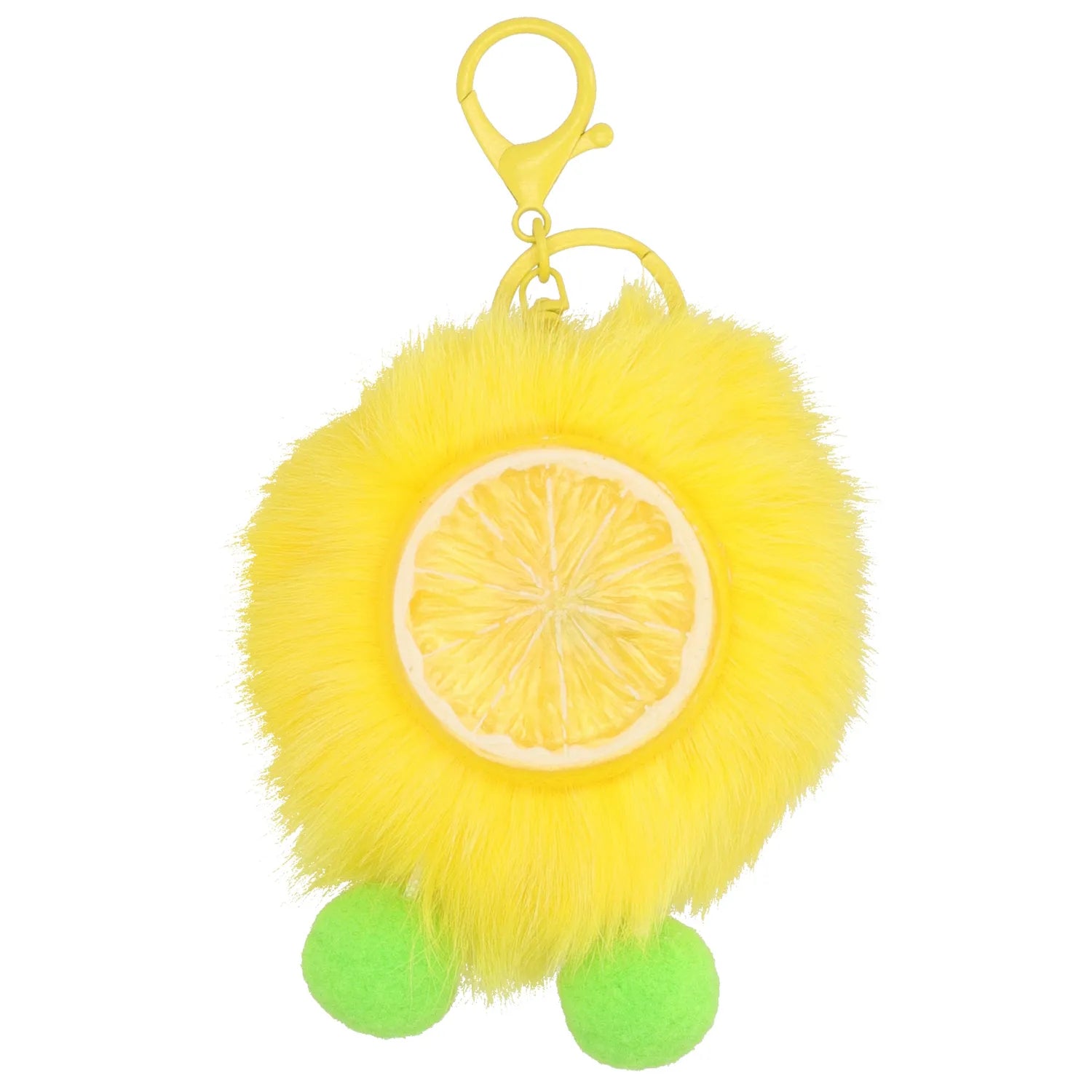 Pompon-Taschenanhänger Motiv Orange in Neon-Gelb mit Schlüsselring - leder-accessoires.com