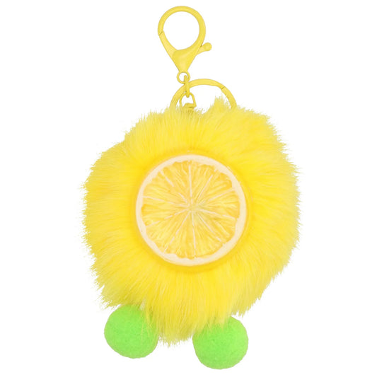 Pompon-Taschenanhänger Motiv Orange in Neon-Gelb mit Schlüsselring - leder-accessoires.com