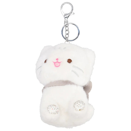 Pompon-Taschenanhänger Kätzchen in Weiß mit Schlüsselring - leder-accessoires.com