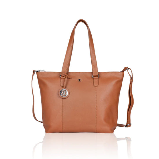 Cognac Ledershopper Bellicci im Querformat mit Reißverschluss und Schulterriemen