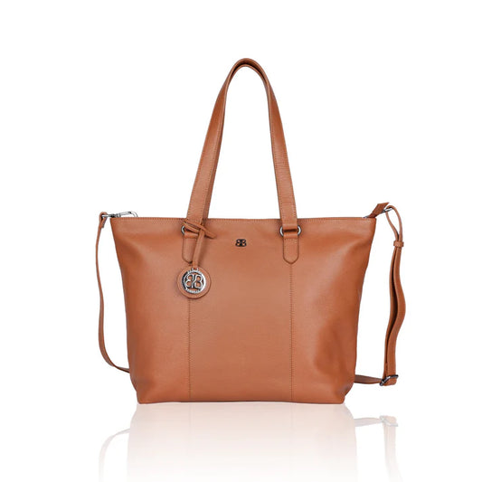 Cognac Ledershopper Bellicci im Querformat mit Reißverschluss und Schulterriemen