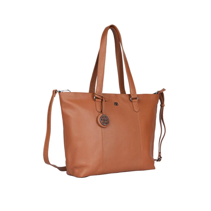 Eleganter Ledershopper Cognac mit abnehmbarem Lederriemen und Metallbeschlägen