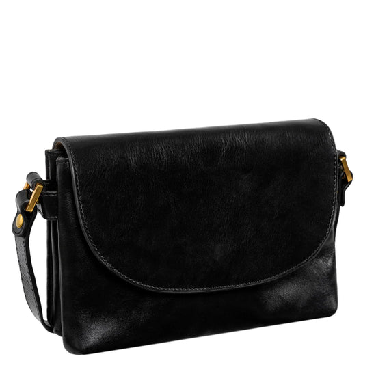 Umhängetasche|Crossover 24 x 17cm in Schwarz aus Leder mit Überschlag - leder-accessoires.com