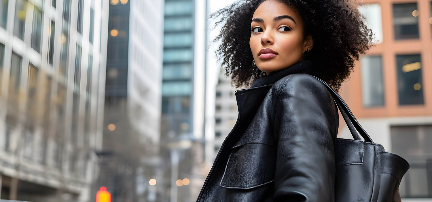 Eine elegante Ledertasche in Schwarz liegt auf einer glatten Oberfläche, mit sichtbarer natürlicher Maserung und sorgfältig verarbeiteten Nähten.