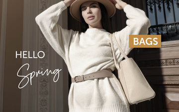 Frau trägt Outfit in Taupe mit Gürtel und Tasche im Frühlingslook, eleganter neutraler Damen-Style für Frühling und Alltag.