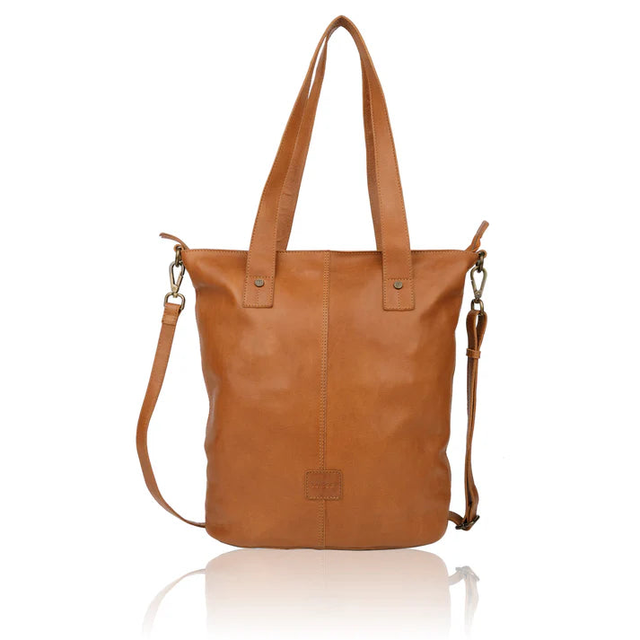 Cognacfarbener Ledershopper Bellicci im Hochformat mit Reißverschluss