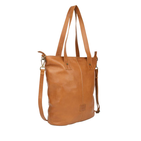 Cognacfarbener Ledershopper Hochformat mit verstellbarem Schultergurt und Reißverschlussfach