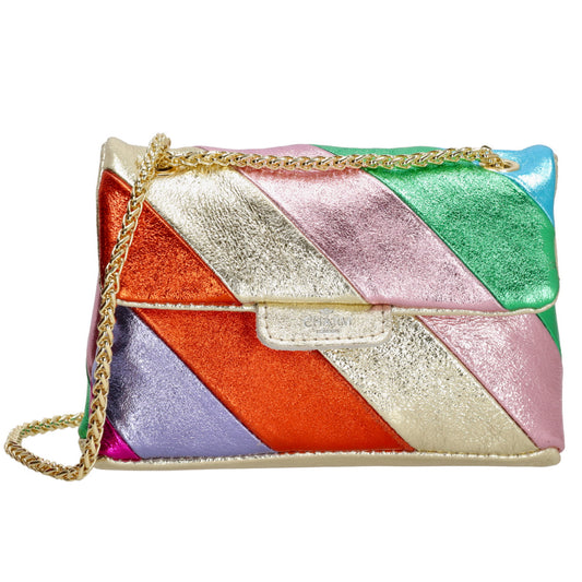 Clutch|Umhängetasche 22x14cm in Metallic Regenbogen aus Leder