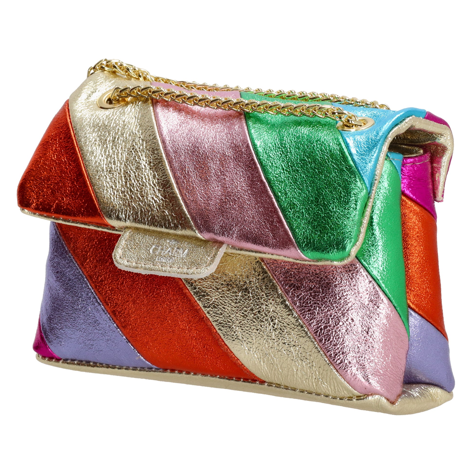 Clutch|Umhängetasche 22x14cm in Metallic Regenbogen aus Leder - leder-accessoires.com