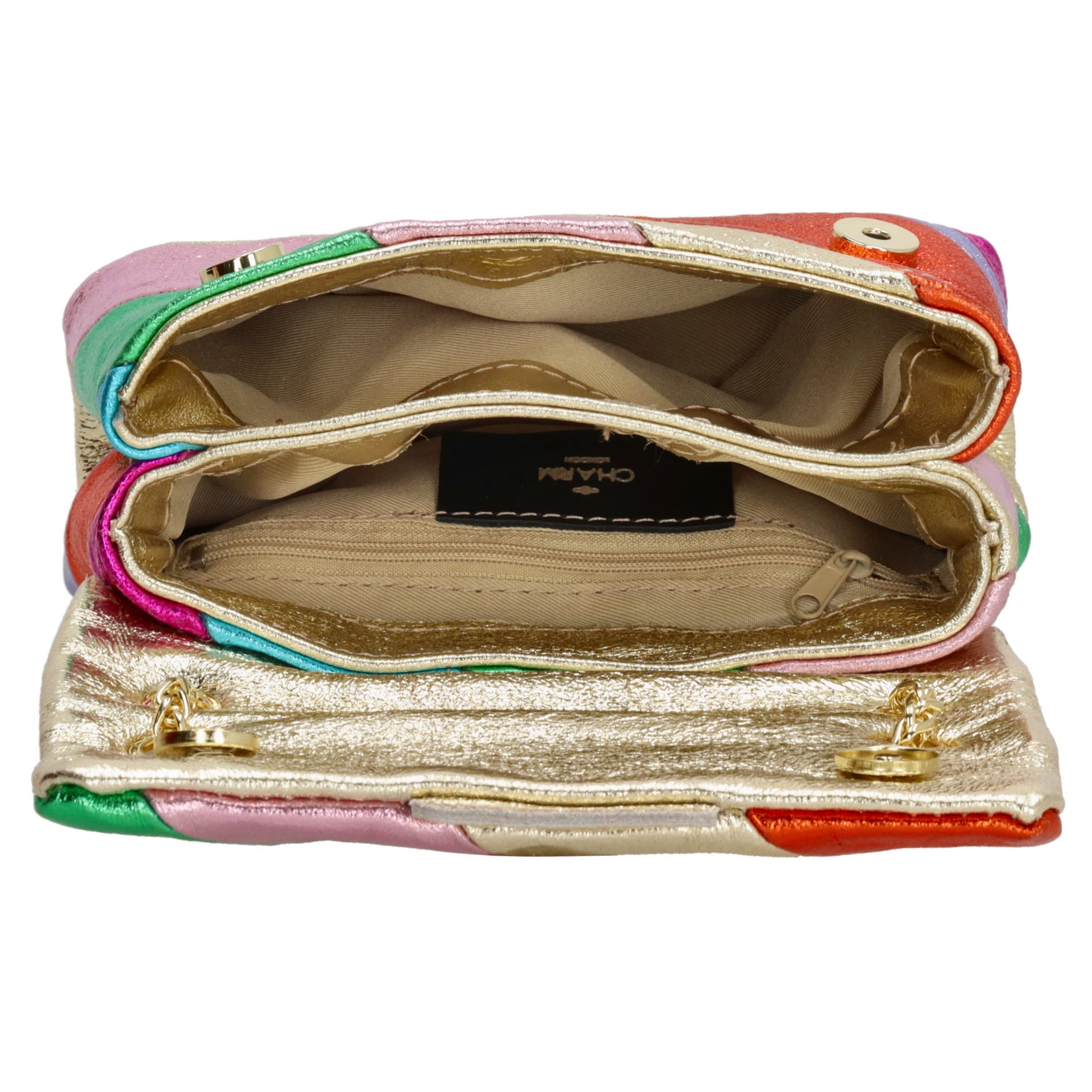 Clutch|Umhängetasche 22x14cm in Metallic Regenbogen aus Leder - leder-accessoires.com