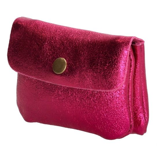 Lederbörse Mini 11x7,5cm in Fuchsia-Metallic mit Druckknopf - leder-accessoires.com