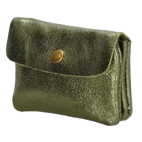 Lederbörse Mini 11x7,5cm in Olivgrün-Metallic mit Druckknopf - leder-accessoires.com