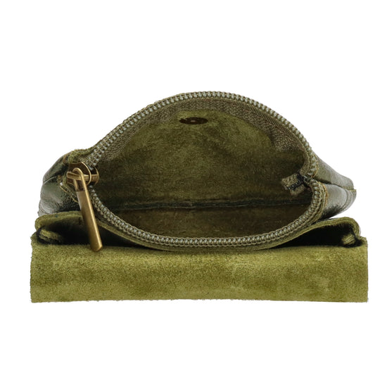 Lederbörse Mini 11x7,5cm in Olivgrün-Metallic mit Druckknopf - leder-accessoires.com