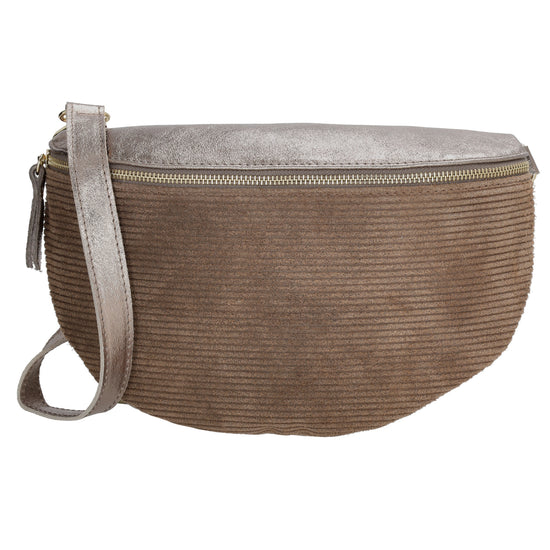 Bodybag|Gürteltasche 30x20cm in Taupe aus Leder und Kord - leder-accessoires.com