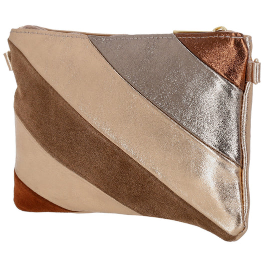 Clutch|Umhängetasche 24x14cm in Metallic Taupe aus Leder