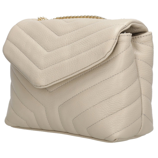Schultertasche 25x15cm in Beige mit gestepptem Leder und Kettenriemen Gold - leder-accessoires.com