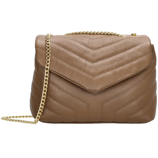 Schultertasche 25x15cm in Taupe mit gestepptem Leder und Kettenriemen Gold - leder-accessoires.com