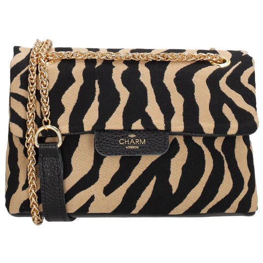 Schultertasche| Clutch 22 x 14cm in Zebra-Optik Braun mit Kettenriemen
