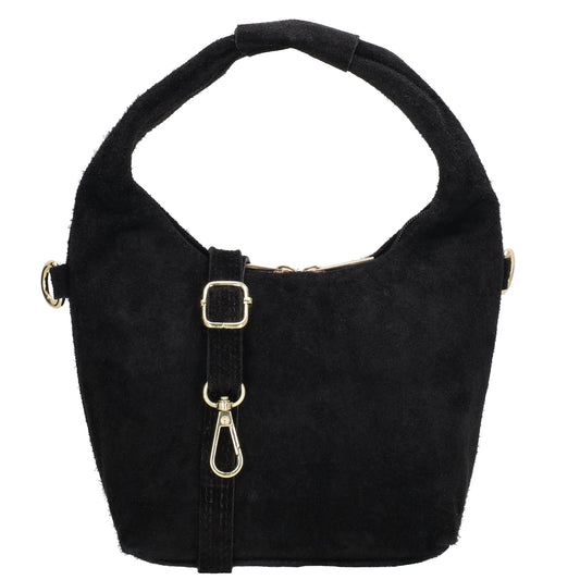 Kurzgrifftasche|Cross-Over 16 x 13cm in Schwarz aus Veloursleder mit Reißverschluss