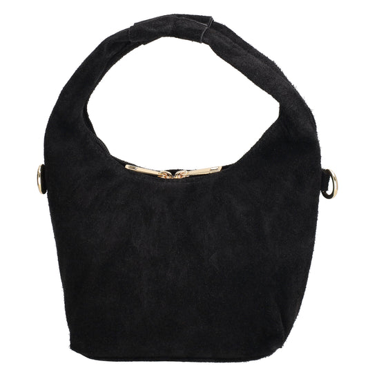 Kurzgrifftasche|Cross-Over 16 x 13cm in Schwarz aus Veloursleder mit Reißverschluss