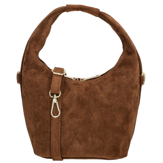 Kurzgrifftasche|Cross-Over 16 x 13cm in Braun aus Veloursleder mit Reißverschluss
