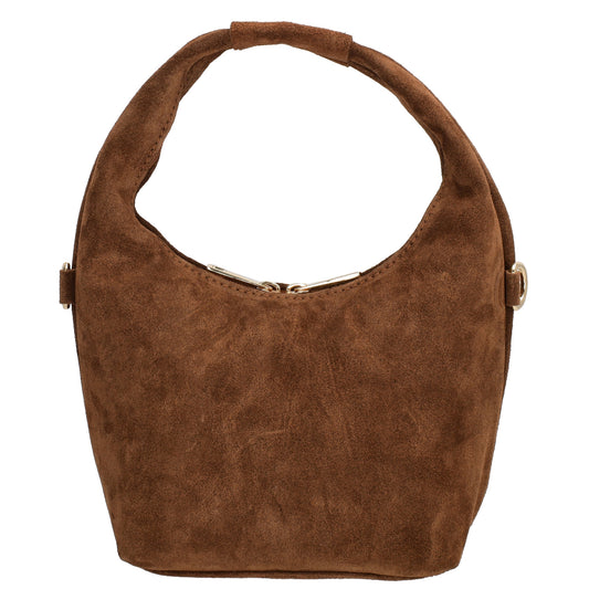 Kurzgrifftasche|Cross-Over 16 x 13cm in Braun aus Veloursleder mit Reißverschluss