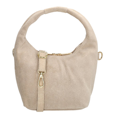Kurzgrifftasche|Cross-Over 16 x 13cm in Beige aus Veloursleder mit Reißverschluss