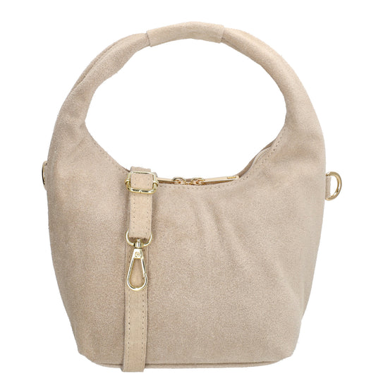 Kurzgrifftasche|Cross-Over 16 x 13cm in Beige aus Veloursleder mit Reißverschluss