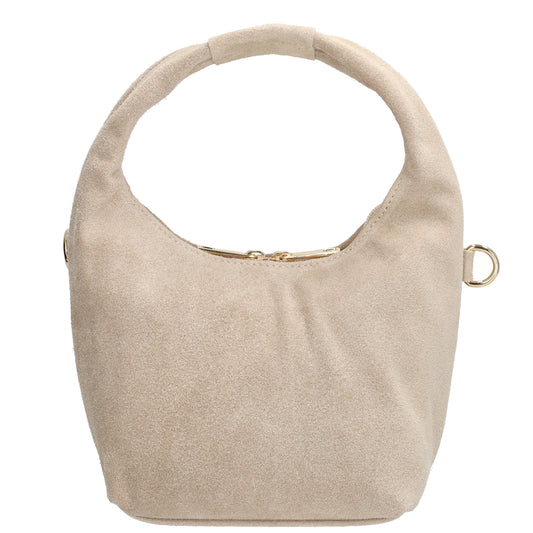 Kurzgrifftasche|Cross-Over 16 x 13cm in Beige aus Veloursleder mit Reißverschluss