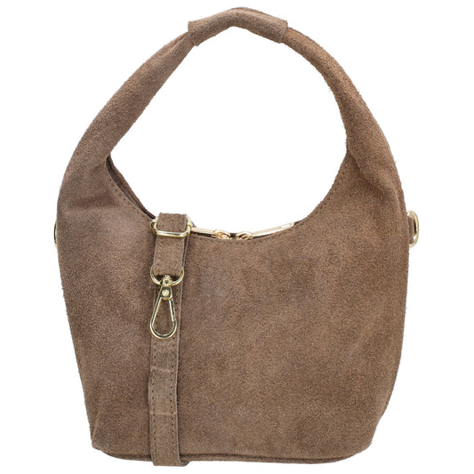 Kurzgrifftasche|Cross-Over 16 x 13cm in Taupe aus Veloursleder mit Reißverschluss
