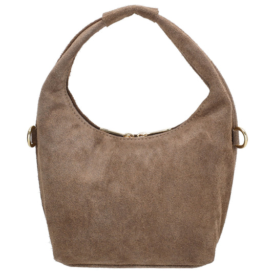 Kurzgrifftasche|Cross-Over 16 x 13cm in Taupe aus Veloursleder mit Reißverschluss