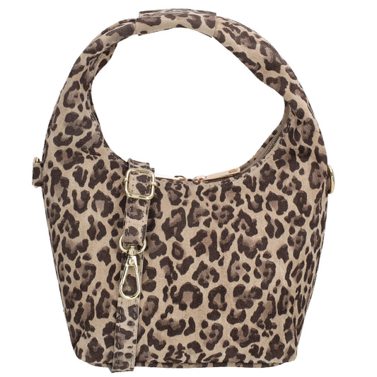 Kurzgrifftasche|Cross-Over 16 x 13cm in Leo-Optik aus Veloursleder mit Reißverschluss