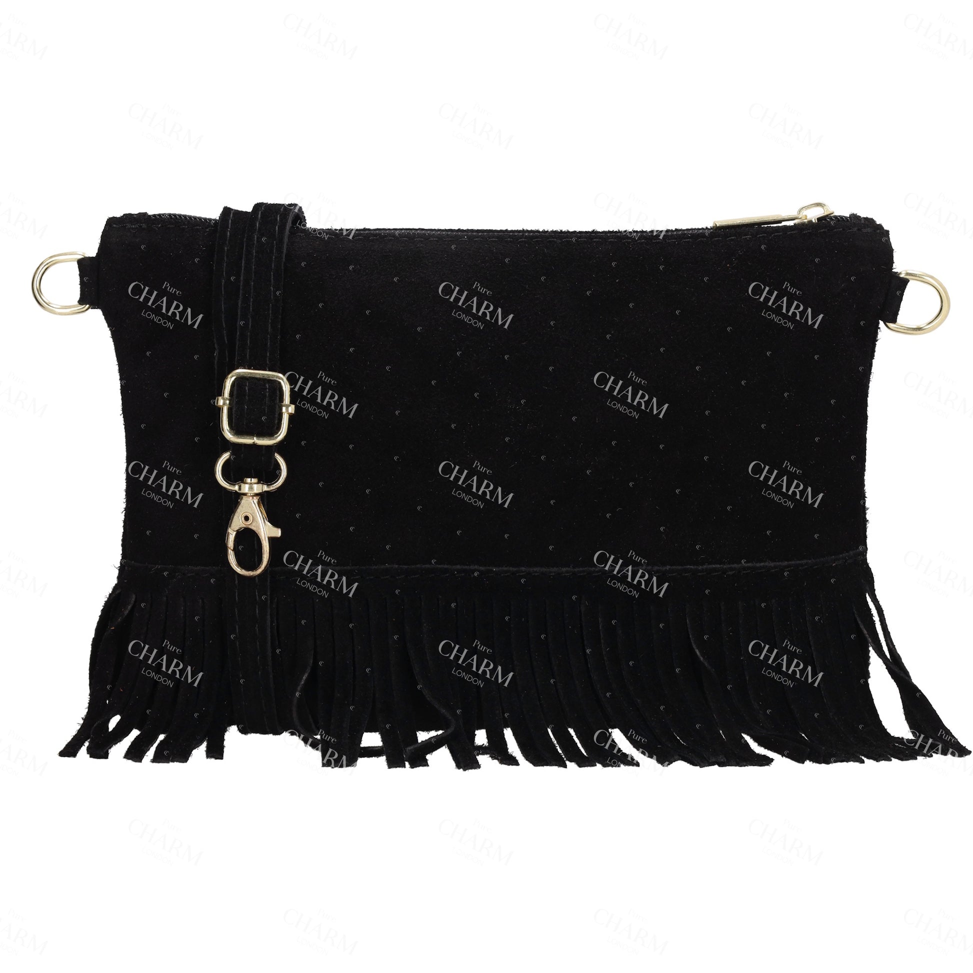 Schultertasche 13x1cm in Schwarz mit Franzen - leder-accessoires.com