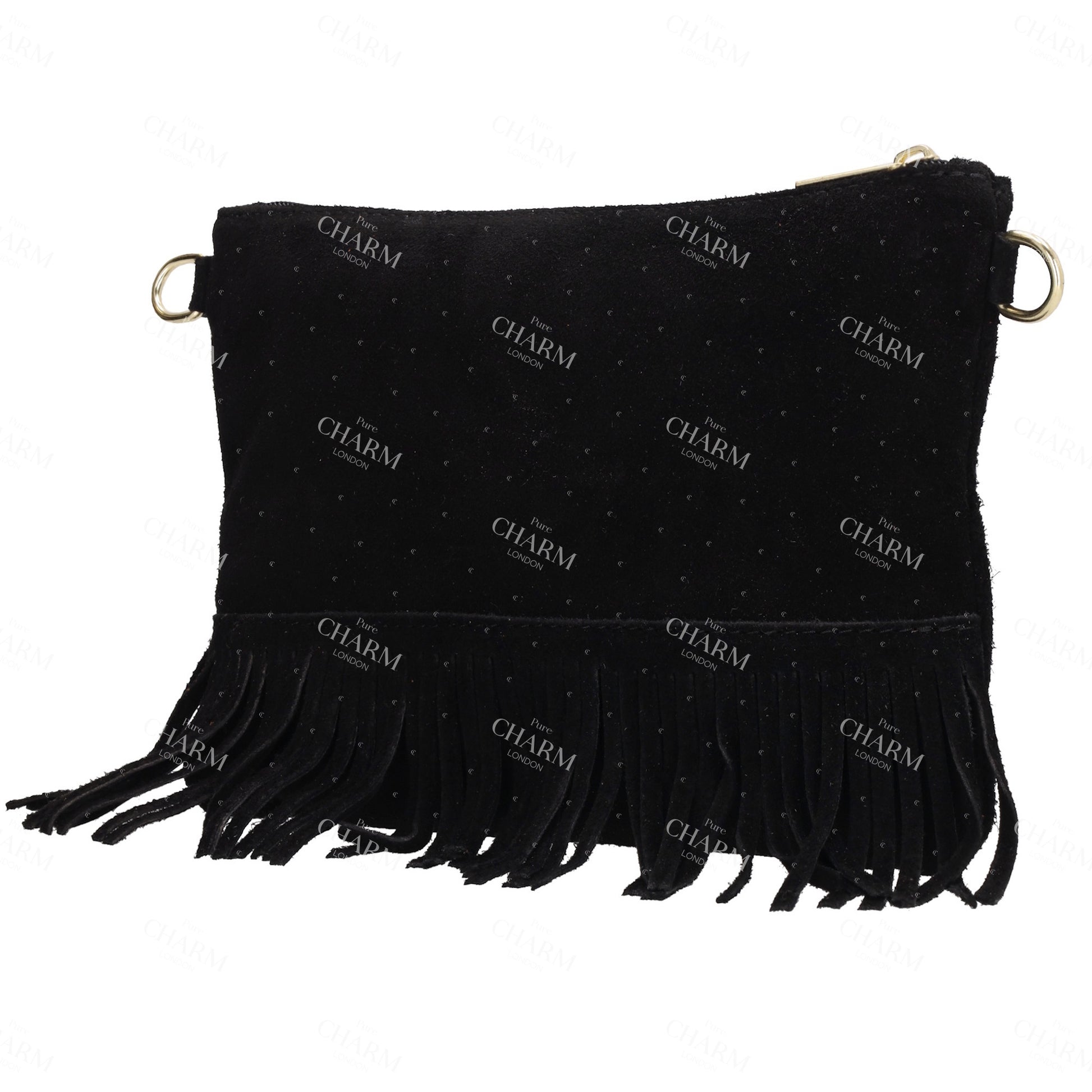 Schultertasche 13x1cm in Schwarz mit Franzen - leder-accessoires.com