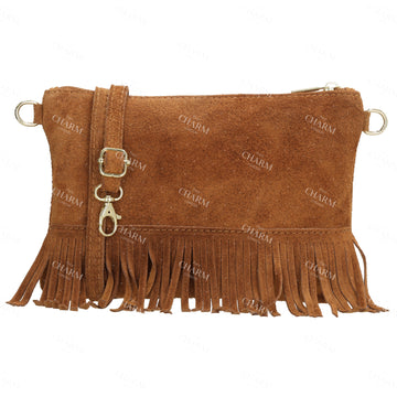 Schultertasche 13x1cm in Cognac mit Franzen