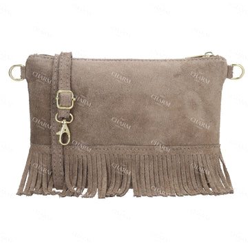 Schultertasche 13x1cm in Taupe mit Franzen