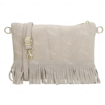 Schultertasche 13x1cm in Sand|Beige mit Franzen