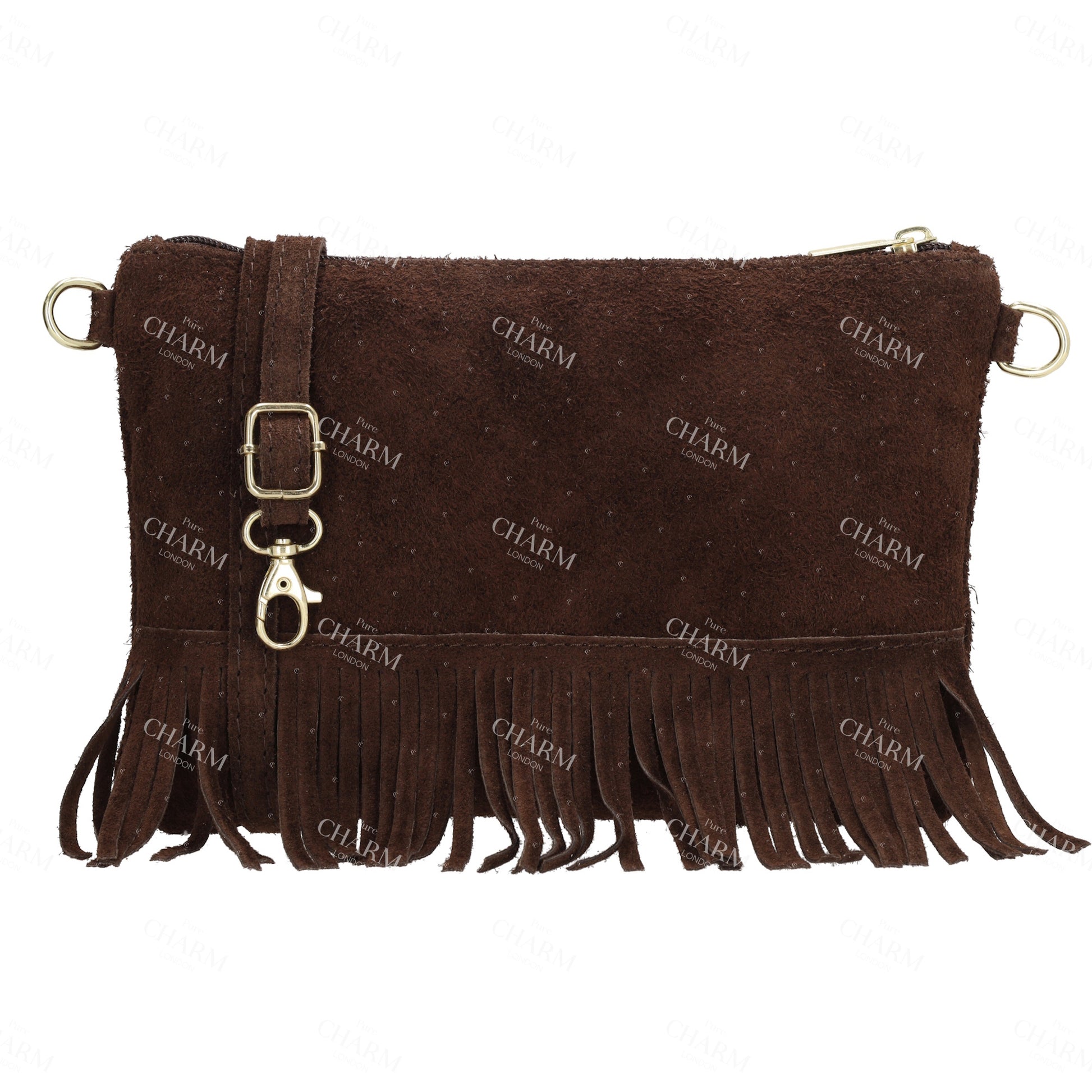 Schultertasche 13x1cm in Dunkelbraun mit Franzen - leder-accessoires.com