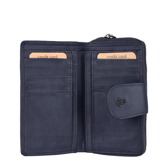 Geldbörse 16x9cm in Blau|Marine mit Reißverschluss und Lasche - leder-accessoires.com