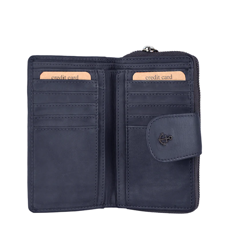 Geldbörse 16x9cm in Blau|Marine mit Reißverschluss und Lasche - leder-accessoires.com