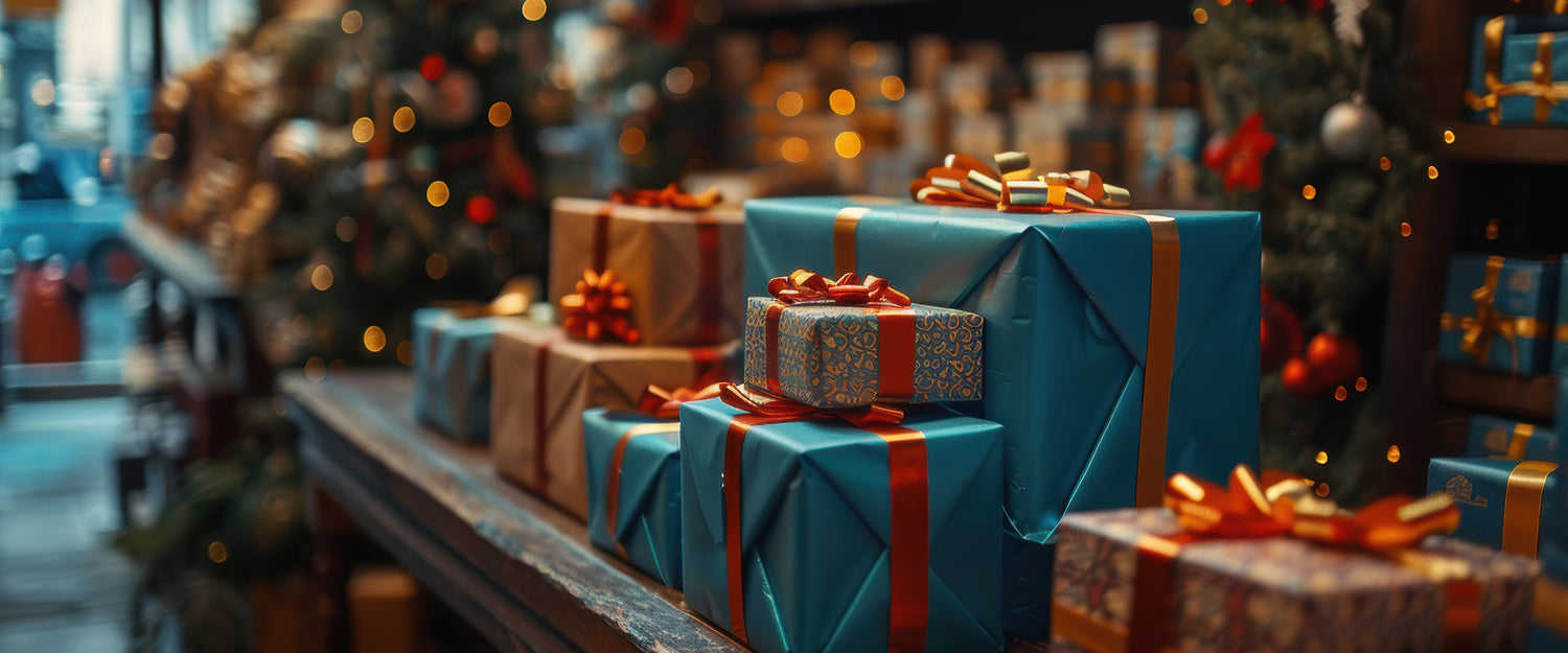 Stimmungsvolles Weihnachts-Flatlay mit edlen Leder-Accessoires, festlicher Deko und warmem Lichterglanz – ideal für gemütliches Online-Shopping in der Adventszeit.