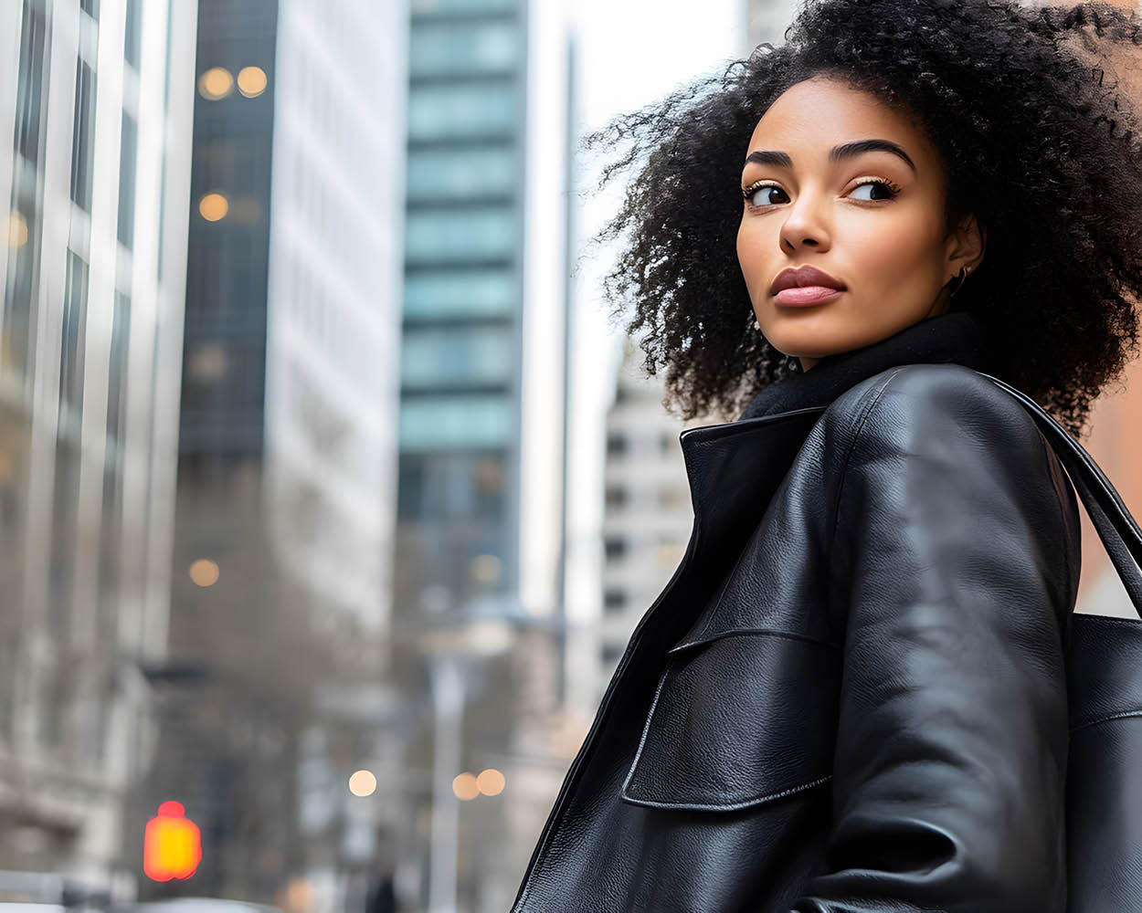 Eine stilvolle Ledertasche wird frontal präsentiert, mit Fokus auf das hochwertige Material, die feine Struktur des Leders und die klaren, schlichten Details.