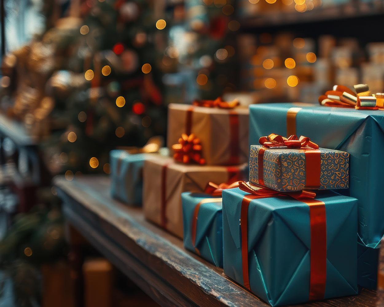 Hochwertige personalisierte Lederwaren als Geschenkidee, weihnachtlich arrangiert mit Tannenzweigen und Geschenkbändern – perfekt für das Weihnachtsshopping im Onlineshop.