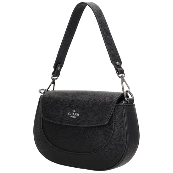 Schultertasche 23x13,5cm in Schwarz mit Reißverschluss und Überschlag - leder-accessoires.com