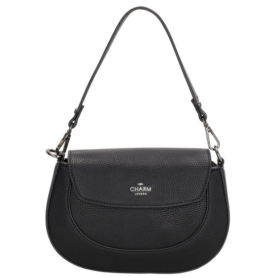 Schultertasche 23x13,5cm in Schwarz mit Reißverschluss und Überschlag - leder-accessoires.com