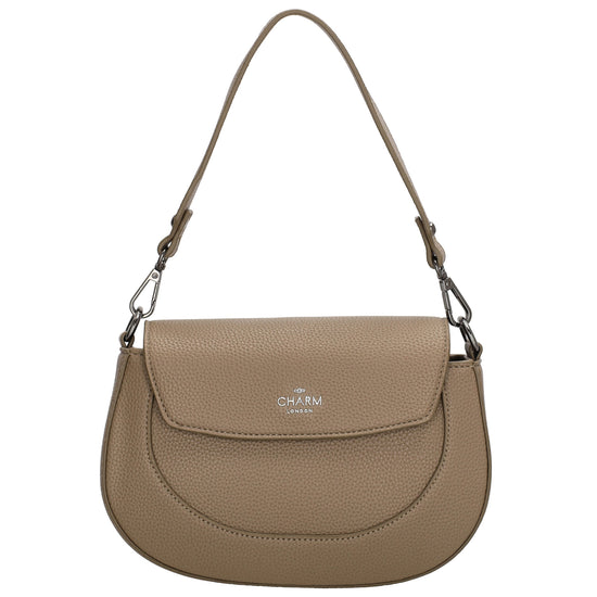 Schultertasche 23x13,5cm in Taupe mit Reißverschluss und Überschlag - leder-accessoires.com