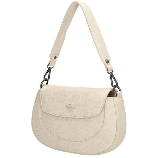 Schultertasche 23x13,5cm in Creme mit Reißverschluss und Überschlag - leder-accessoires.com