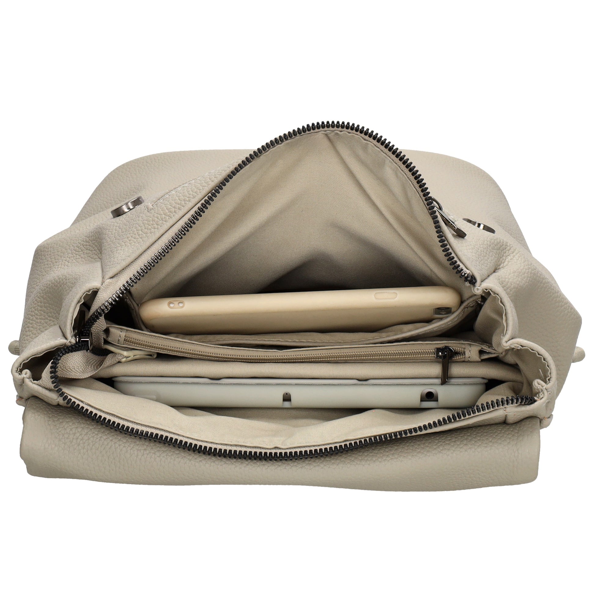 Rucksack 35 x 30cm in Hellgrau mit Überschlag in Leder-Optik - leder-accessoires.com