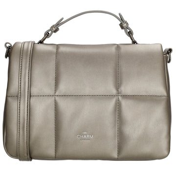 Schultertasche gesteppt 27 x 19cm in Silber Metallic mit Überschlag und Kurzgriff